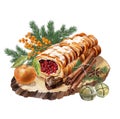 Still life with Christmas roll, tangerines, Christmas gingerbread, cinnamon and fir branches, orange berries, bells